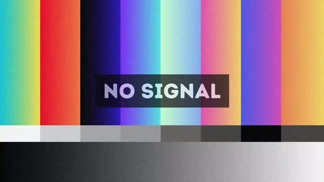 Displaying a classic television broadcast test pattern with vivid color bars and a prominent 'no signal' message