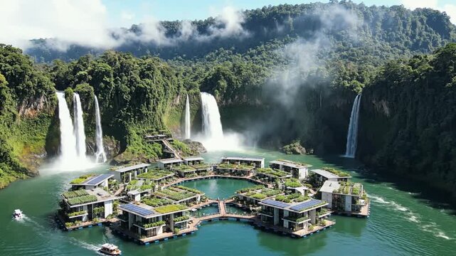 Aerial view of a modular floating eco-village with solar panels and rooftop gardens arranged in a circle on a tropical lagoon, surrounded by lush jungle and cascading waterfalls.