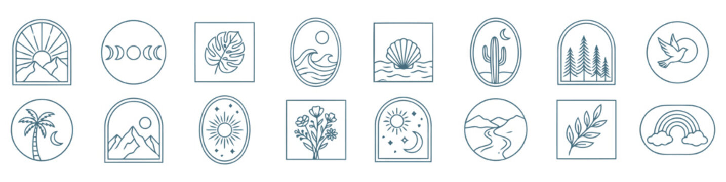 Minimalist badge collection featuring nature elements like mountains sun plants and celestial sky line art