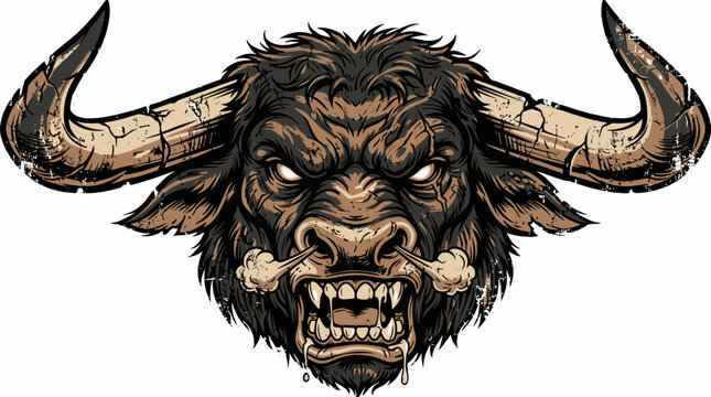 Menacing bull head illustration capturing fierce power, intense emotion, and detailed distressed texture