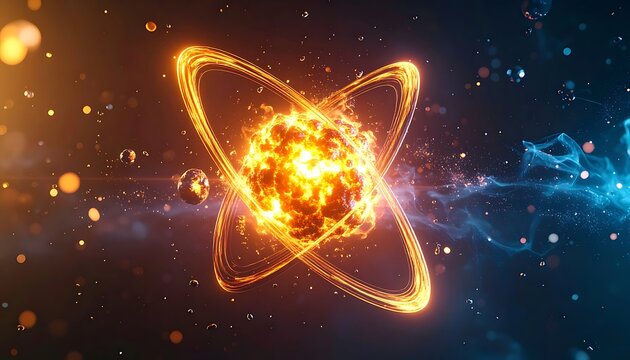 A glowing atomic structure with vibrant orange rings and a fiery core