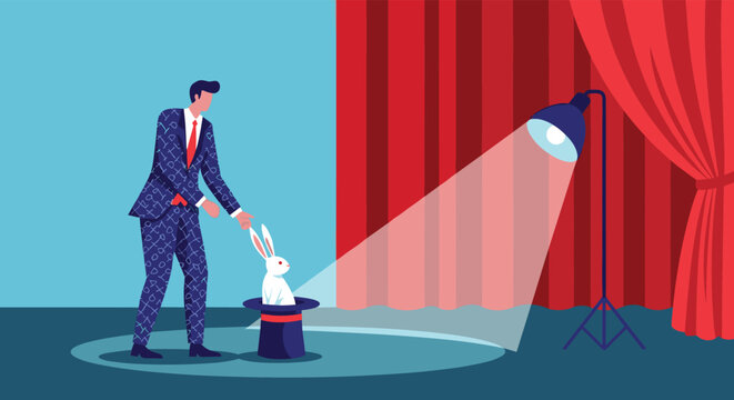 Professional magician performing a classic trick by pulling a white rabbit out of a top hat on a stage under a bright spotlight.