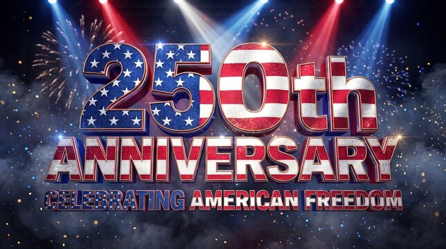 250th Anniversary celebrating American freedom, patriotic United States semiquincentennial banner, 3D flag texture typography with fireworks and spotlights