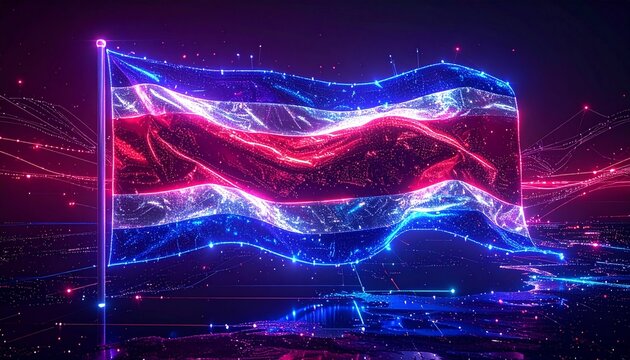 Costa Rica Flag with Neon Energy Waves and Futuristic Glowing Light Effects