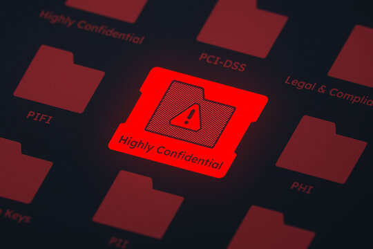 Glowing red digital folder with a warning icon labeled highly confidential on a screen representing a data breach and cybersecurity threat.
