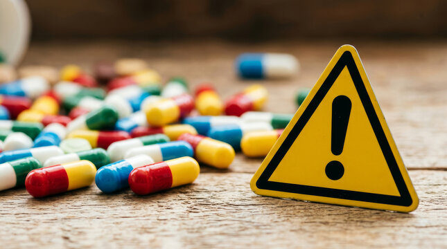 Medical warning sign with colorful pills, yellow exclamation mark alert on wooden background, pharmaceutical risk and drug safety concept