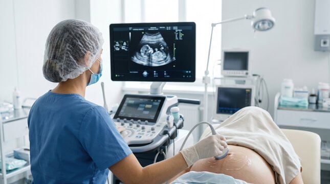 Female doctor performing prenatal ultrasound scan on pregnant woman, viewing fetus image on monitor in modern medical clinic room.