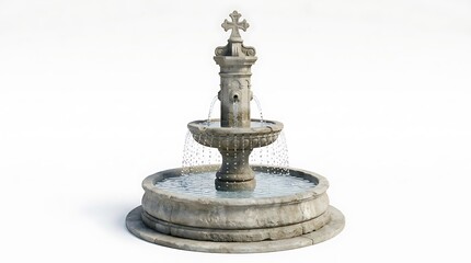 Fototapeta premium Antique Stone Tiered Fountain with Cross Isolated on White Background