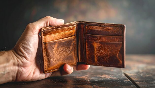 Man holds empty brown leather wallet on table