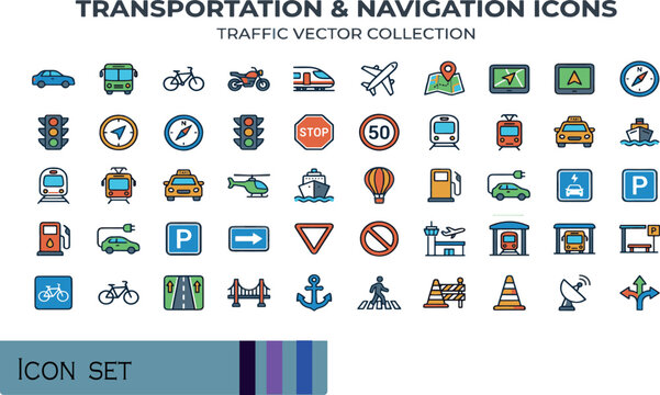 Print Transportation and Navigation Traffic Vector Collection - Professional Colorful Icon Set for Urban Mobility Logistics Tracking and City Wayfinding Mobile Apps