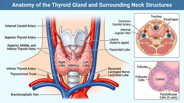 Anatomy of the thyroid gland and surrounding neck structures