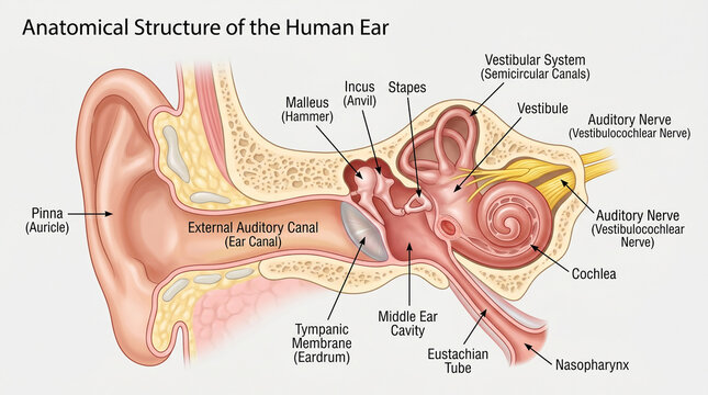 Human ear anatomy illustration detailed internal structures and labeling