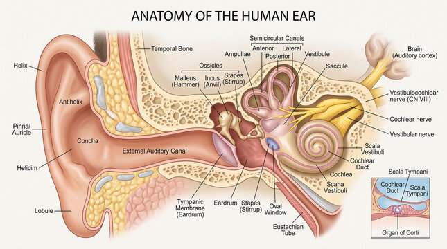Human ear anatomy illustration detailed labeled diagram for medical education