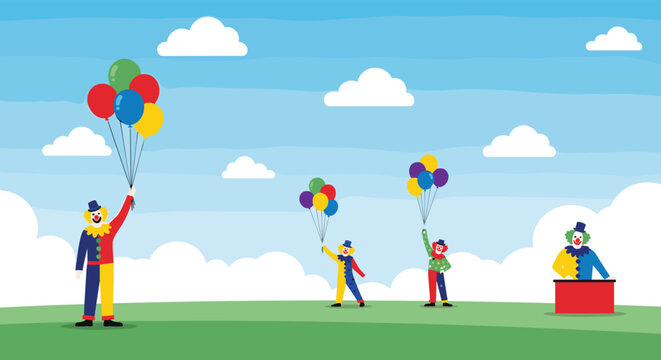 Four happy clowns in colorful costumes holding bunches of balloons while standing on a green field under a clear blue sky.