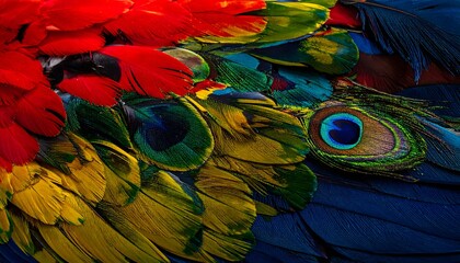Obraz premium Vibrant close-up intricate bird feathers in brilliant red, golden yellow, and deep blue, showcasing a striking eye pattern. Natural tapestry of color and texture