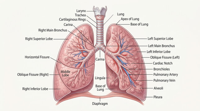 Human respiratory system anatomy illustration with labels