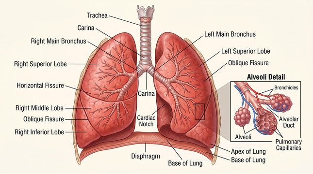 Human respiratory system anatomy illustration with labeled parts