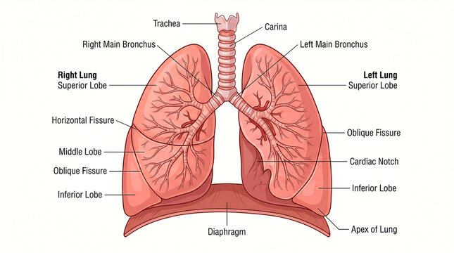 Human respiratory system anatomy illustration with labeled parts