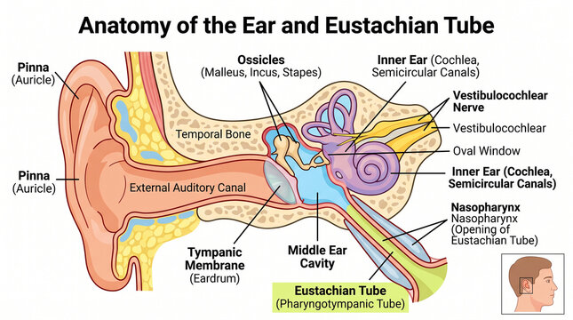 Human ear anatomy illustration with eustachian tube and inner ear details