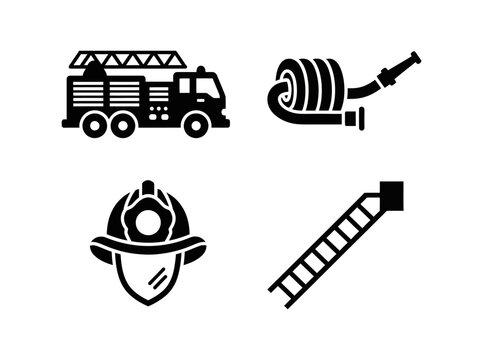 Set of four black and white icons representing firefighter equipment and tools on a white background