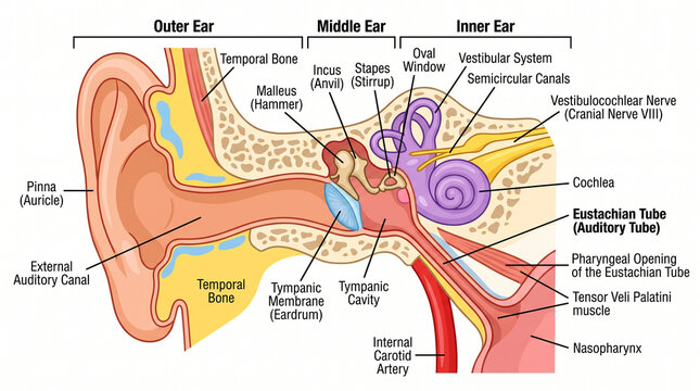 Human ear anatomy illustration with labeled sections and internal structures