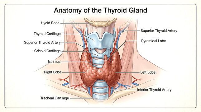 Thyroid gland anatomy illustration with labeled structures