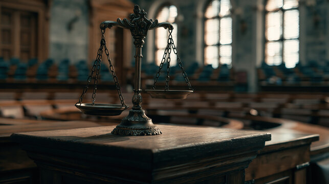 Justice scale balance court law symbol in empty courtroom with wooden furniture and windows light shining through