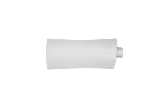 White plastic tube with threaded nozzle on right, isolated On Transparent Background, horizontal orientation, top-down centered, product shot
