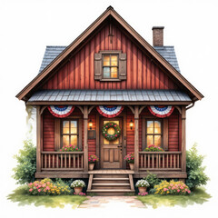 Fototapeta premium Charming red farmhouse with patriotic bunting and floral decorations isolated on white background.