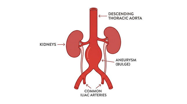 Abdominal aortic aneurysm illustration with kidney and artery anatomy