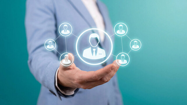 Professional business networking concept, digital human resources management icons, corporate social network connection on blue background
