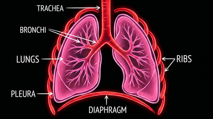 Naklejka premium Human respiratory system anatomy illustration with labeled parts