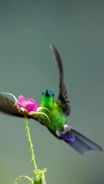 Vibrant Green Hummingbird Hovering Near a Pink Wildflower in Nature