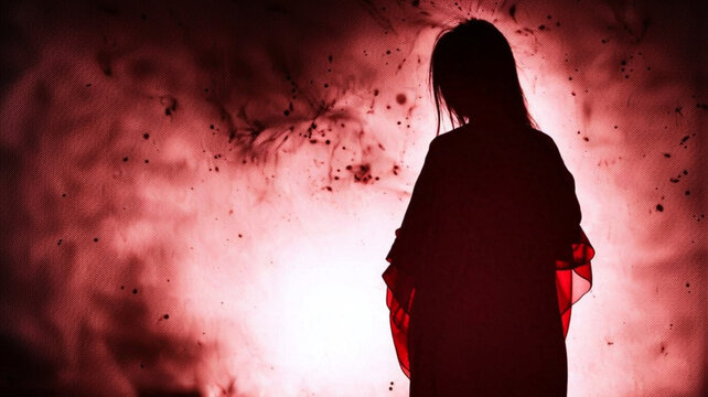 Ghostly Girl Silhouette Standing in Red Mist and Darkness