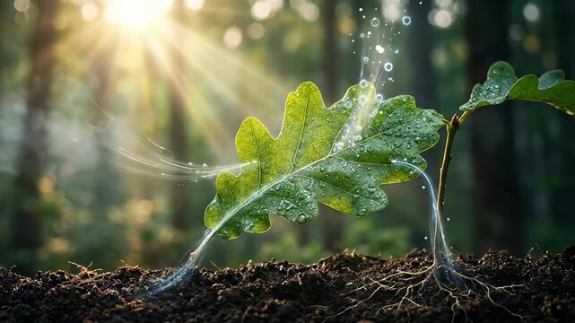 Plant seedling, illustrating vital energy conversion from sunlight, absorbing water through root, transforming atmospheric carbon dioxide into oxygen, generating essential organic compound.