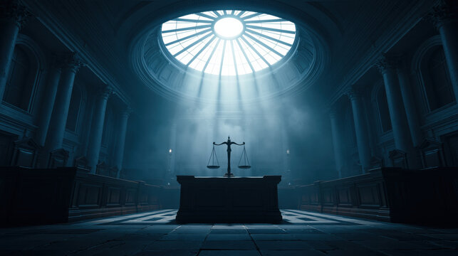Court justice scale law symbol in majestic courtroom with light beams shining through dome creating powerful justice scene