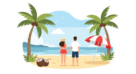 Obraz premium Romantic couple holding hands and looking at the ocean on a tropical beach with palm trees, coconuts, and a red and white beach umbrella.