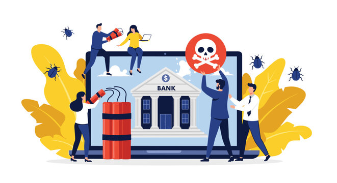 Group of cyber criminals attempting to hack and destroy a digital bank displayed on a laptop screen using dynamite and malicious bugs.