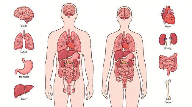 Human anatomy illustration internal organs and skeletal system overview