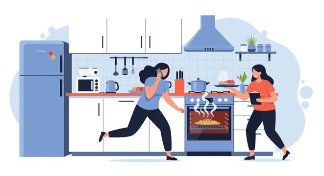 Two women multitasking in a busy kitchen with cooking, baking, and answering phone calls during a hectic meal preparation for a party.