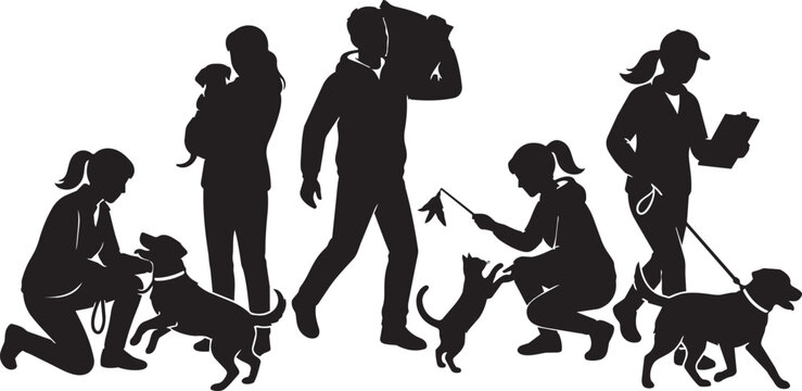 Pet owners, dog and cat silhouettes, pet care icons, animal lovers, black vector graphics