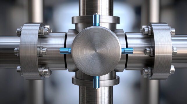 Close-up industrial shot of a shiny metal pipe junction with flanges and bolts, featuring a central valve mechanism, evoking a sense of engineering and manufacturing.