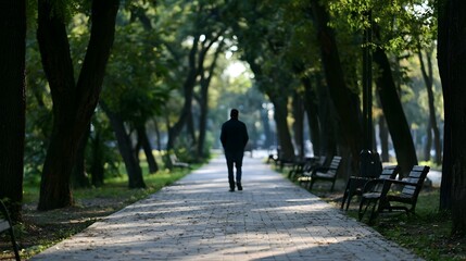 Obraz premium A solitary figure walks along a peaceful tree lined pathway in a serene park setting during soft daylight