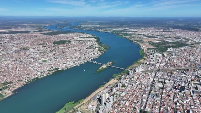 President Dutra Bridge At Juazeiro In Bahia Brazil. Sao Francisco River. Fire Island Scenery. Downtown District. President Dutra Bridge At Juazeiro In Bahia Brazil. State Border Skyline.