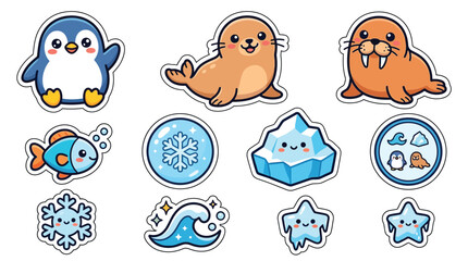 Cute Kawaii Arctic Animals and Winter Elements Sticker Set. © Bachri