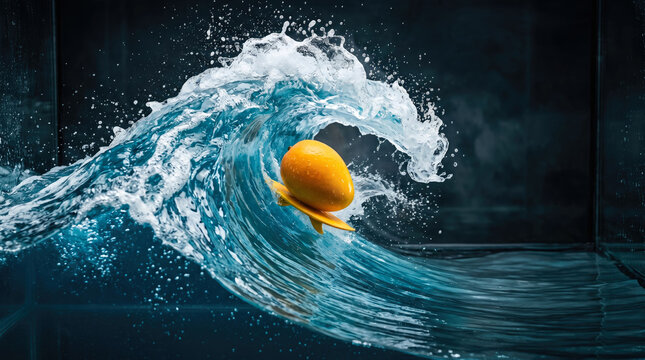 A vibrant mango on a surfboard dramatically rides a frozen blue wave in a studio.