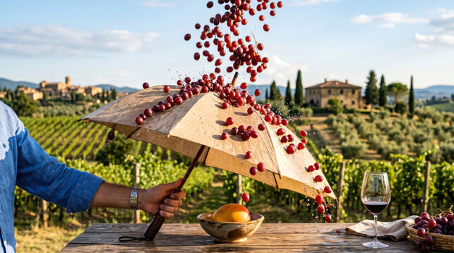 Grapes falling onto an umbrella with wine glass in a scenic Tuscan vineyard setting.