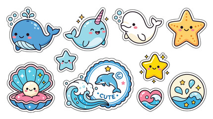 Collection of cute kawaii sea creatures and ocean elements, perfect for stickers and decorations. © Bachri