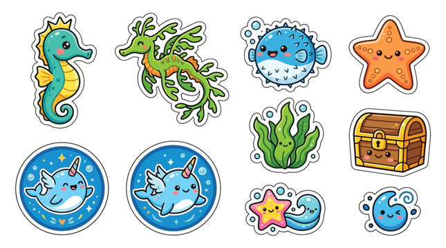 Collection of Cute Kawaii Sea Creatures and Ocean Elements, Perfect for Stickers and Decorations.