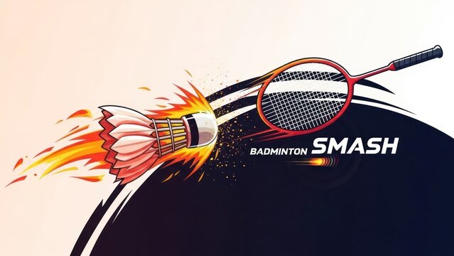 Dynamic badminton smash illustration conveying speed and power with shuttlecock fire explosion